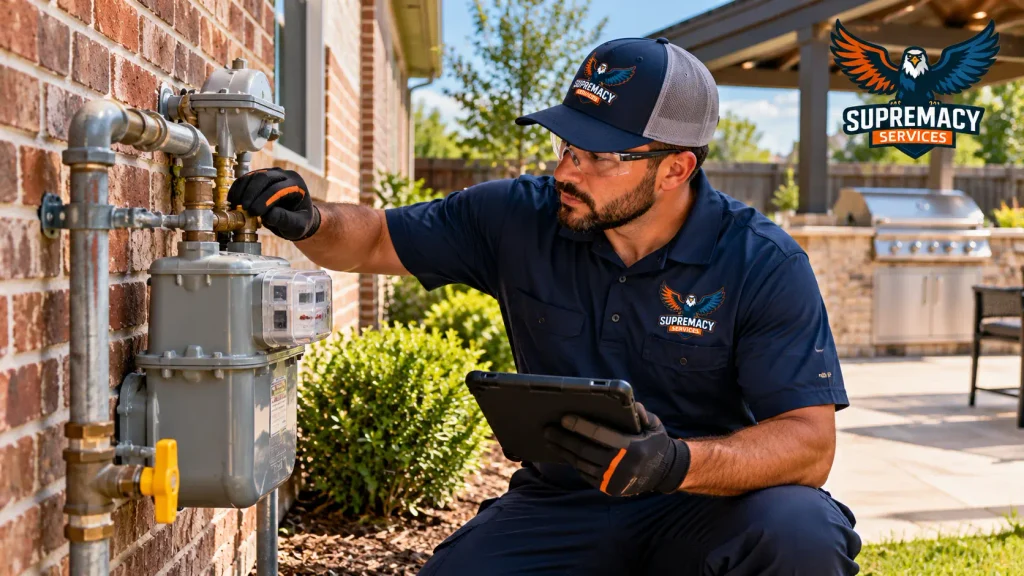 Supremacy Services technician inspecting a residential natural gas meter and piping before an outdoor kitchen installation.