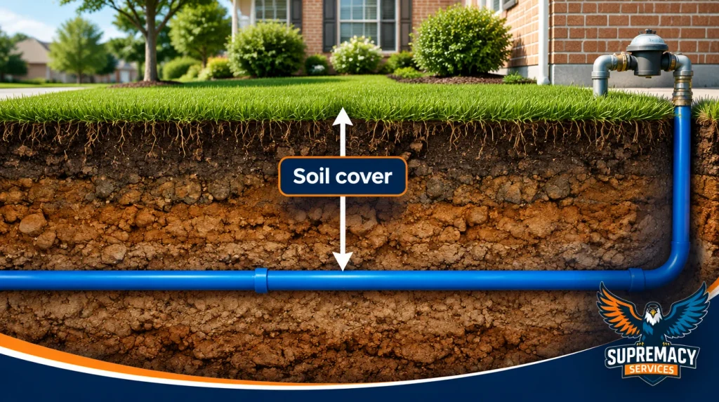 Cross-section diagram showing a residential water supply pipe buried below the lawn with soil cover measured from ground level.