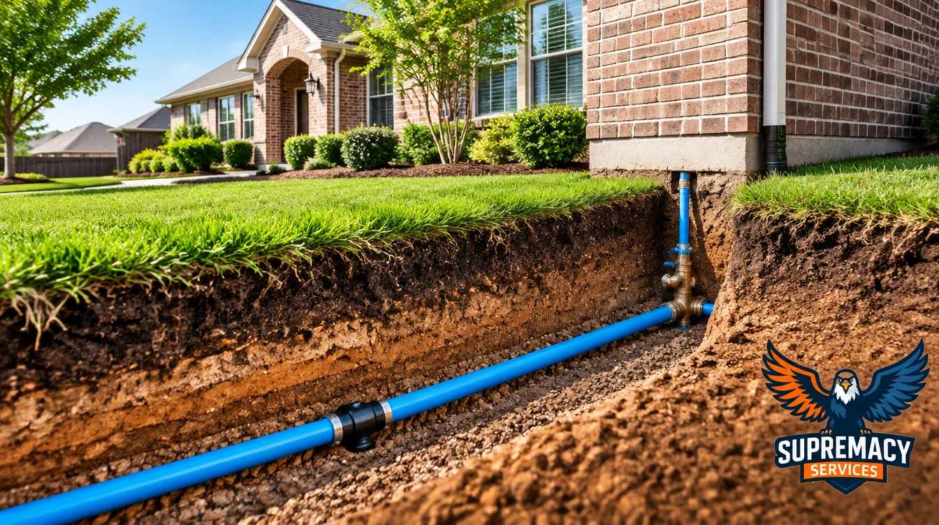 Underground residential water supply line exposed beneath the front yard of a Dallas, Texas home.