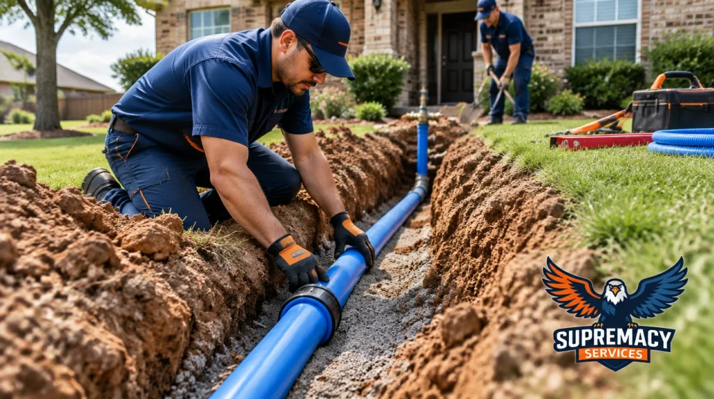 Professional plumber installing an underground residential water supply line in an excavated yard in Dallas, Texas.