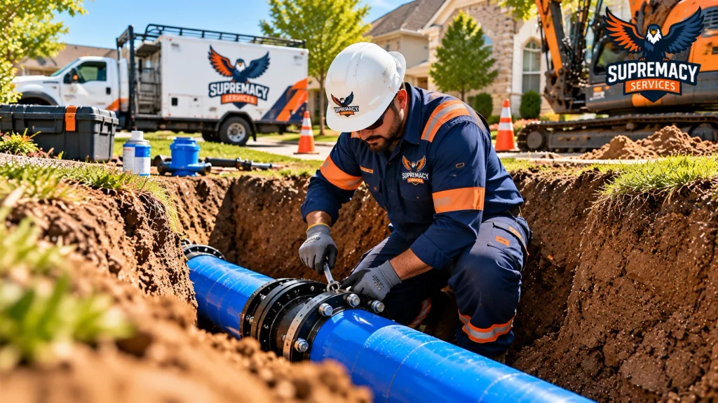 Plumbing technician checking a connection on a newly installed blue underground water pipe inside a residential excavation trench.