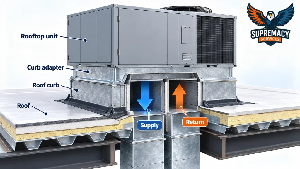 Cutaway illustration showing a rooftop HVAC unit, curb adapter, roof curb and separate supply and return duct connections.