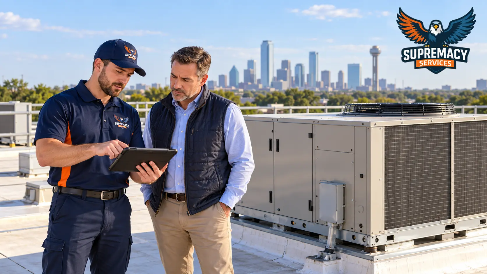 Technician and property manager reviewing a tablet beside a commercial rooftop HVAC unit, with the Dallas skyline behind them.