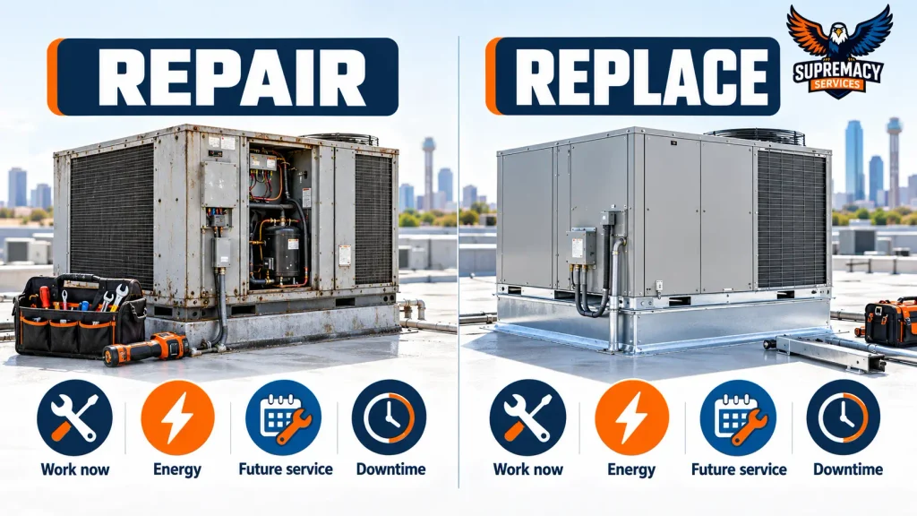 Rooftop HVAC repair and replacement options compared using icons for work now, energy, future service, and downtime.