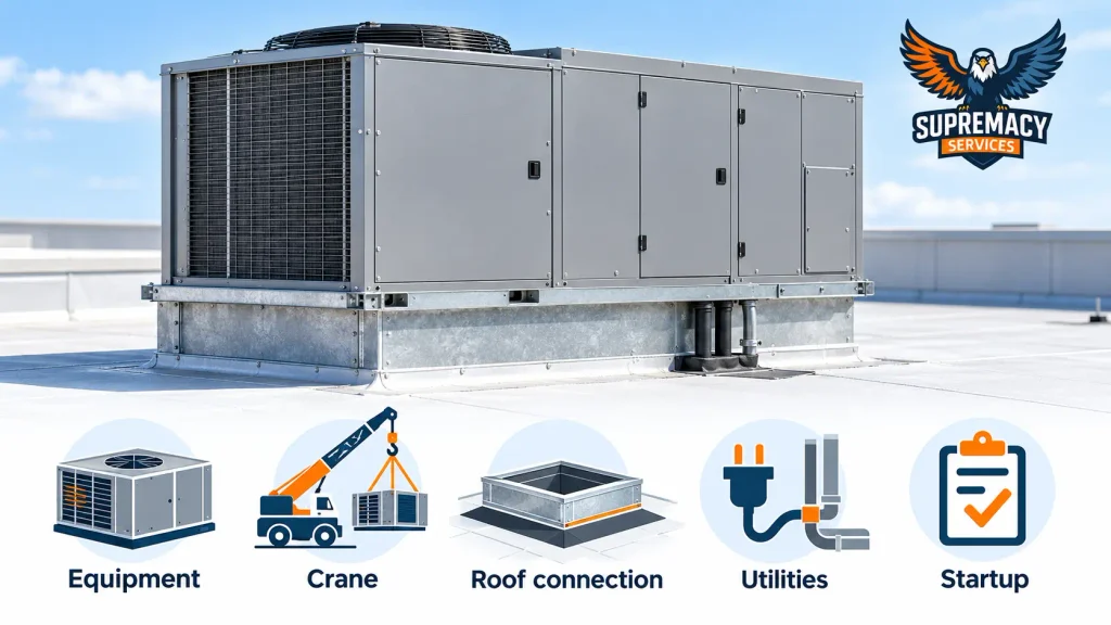Packaged rooftop HVAC unit with illustrated icons for equipment, crane service, roof connection, utilities and startup.