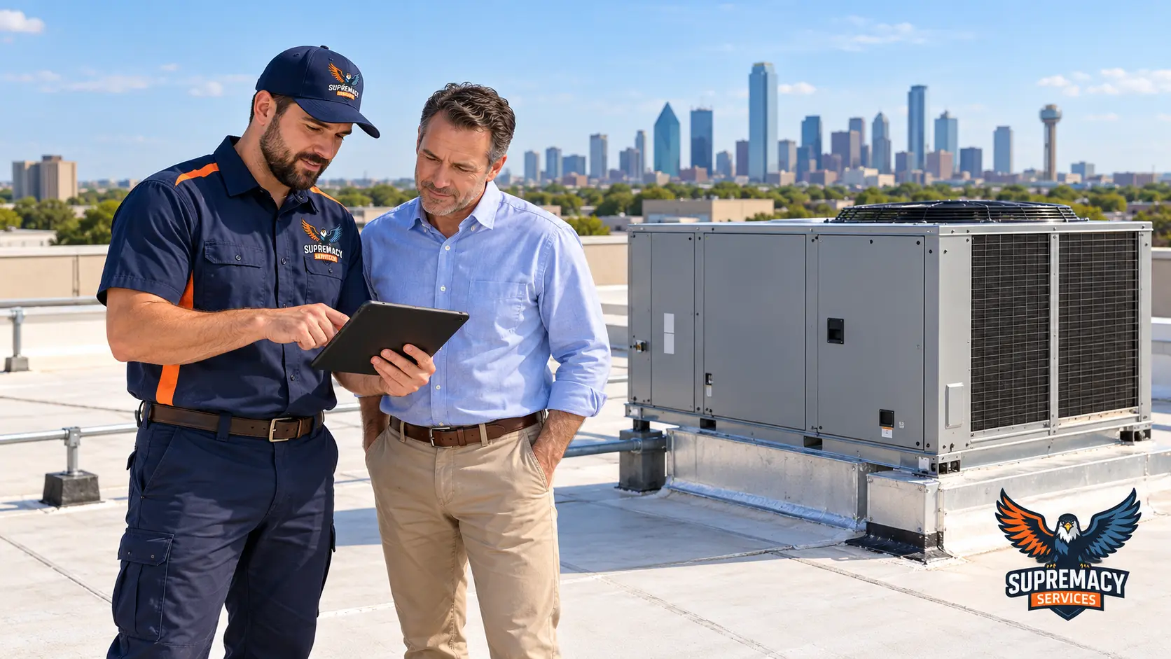 Supremacy Services technician reviewing rooftop HVAC replacement options with a property owner beside a commercial packaged unit in Dallas.