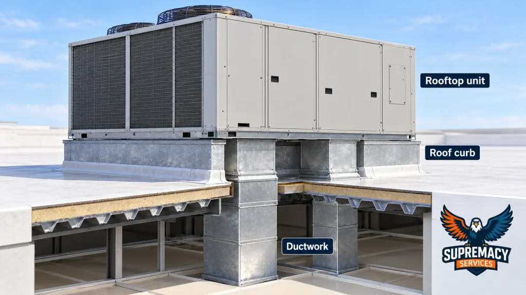 Conceptual cutaway showing a rooftop HVAC unit on a roof curb, with two duct connections extending through the roof.