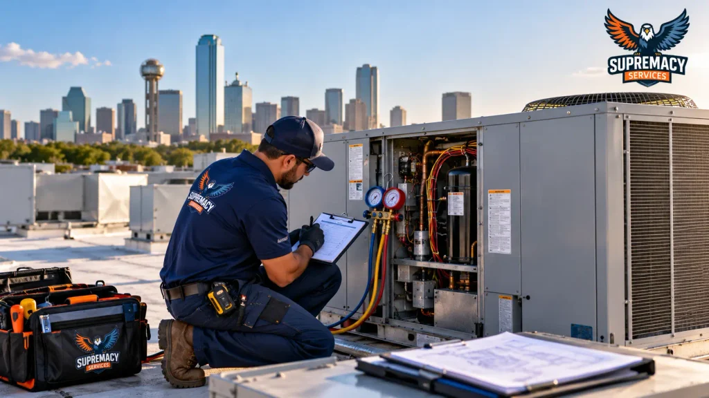 Supremacy Services technician performing startup checks and recording service information on a commercial rooftop HVAC unit.