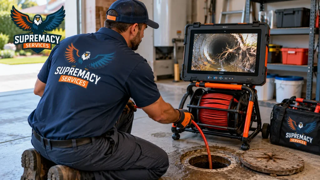 Plumbing technician inspecting a residential sewer line using a camera monitor and drain inspection equipment.