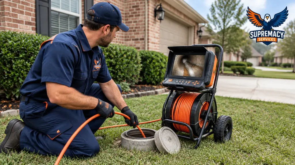 Professional plumber using a sewer inspection camera and monitor to evaluate an underground residential sewer line in Dallas, Texas.