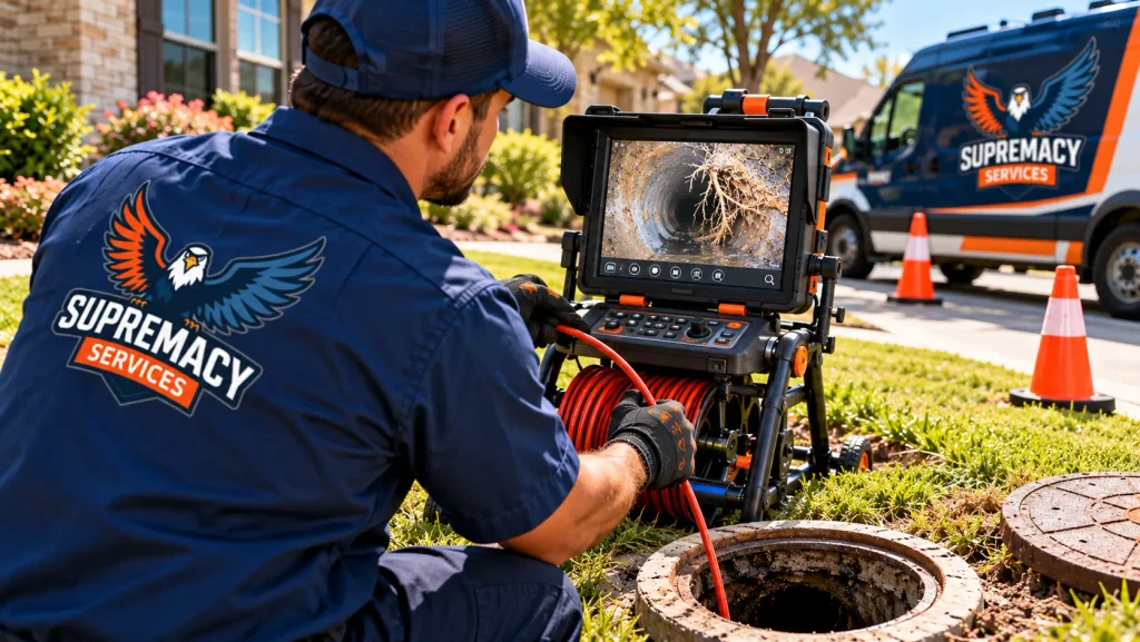 Supremacy Services technician using a sewer inspection camera and monitor to identify tree roots and damage inside a residential sewer pipe.