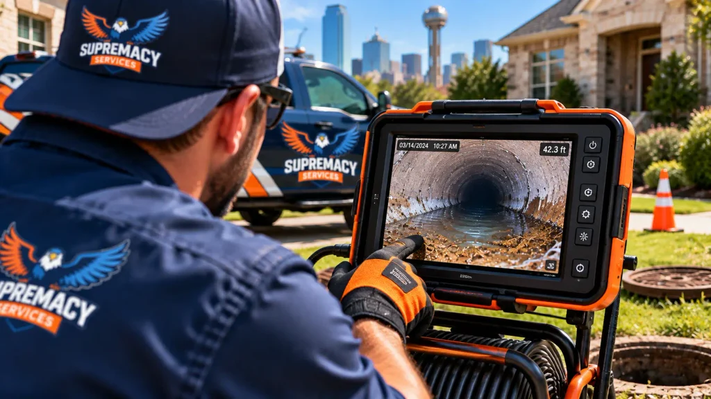 Supremacy Services technician reviewing sewer camera footage showing standing water and sediment inside a sewer pipe.
