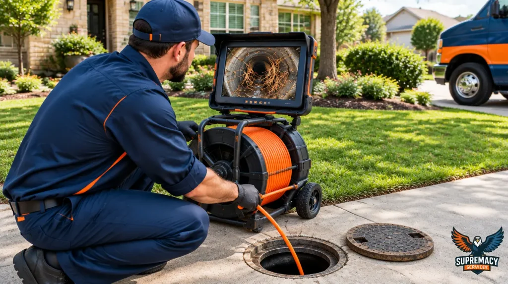 Professional plumber using sewer camera inspection equipment to identify tree roots inside a residential sewer line in Dallas.