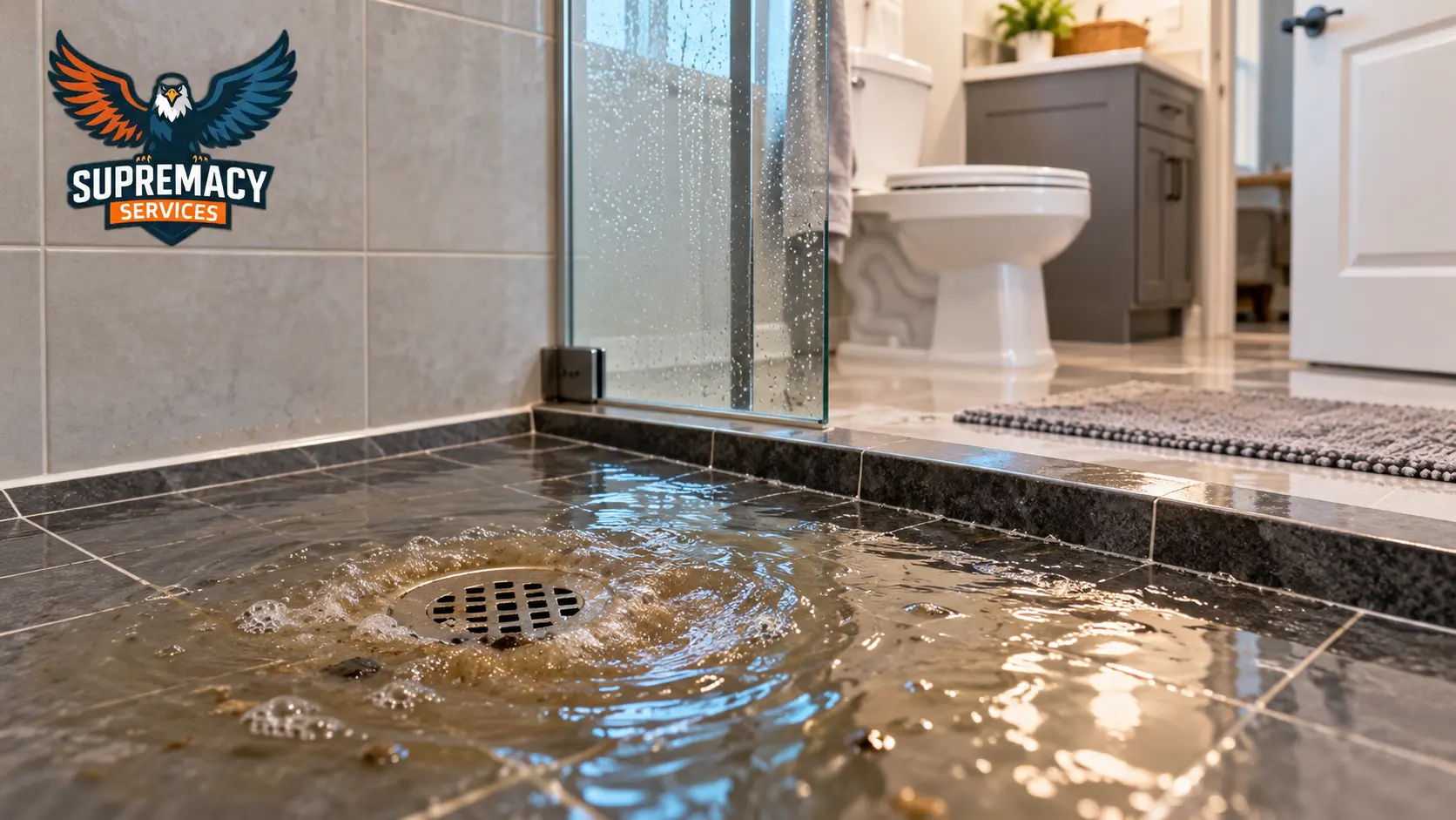 Sewage water backing up through a shower floor drain inside a Dallas home.