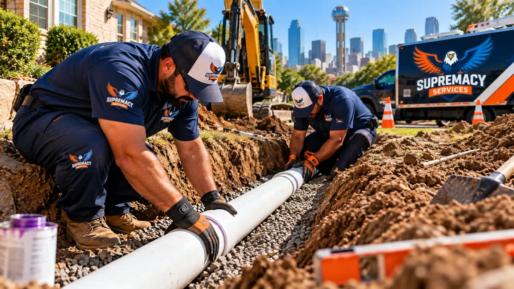 Supremacy Services plumbing technicians installing a properly graded PVC sewer pipe inside a residential excavation trench.