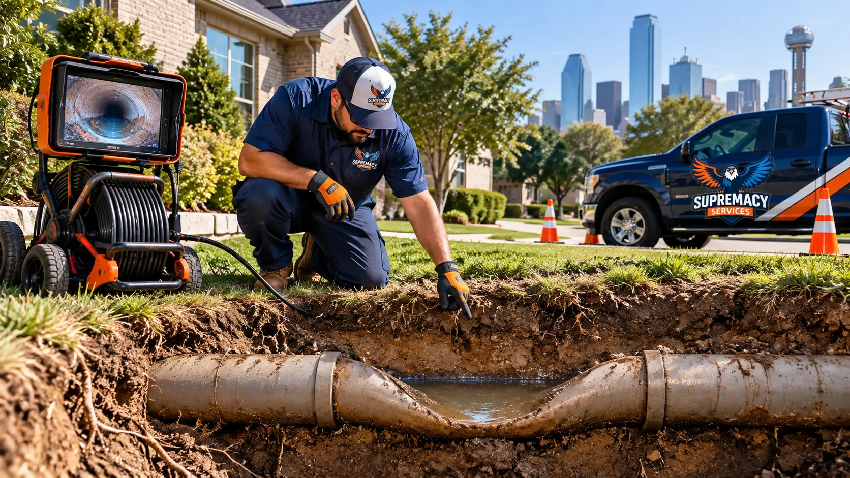 Supremacy Services plumber inspecting a sagging underground sewer pipe in a Dallas residential yard.