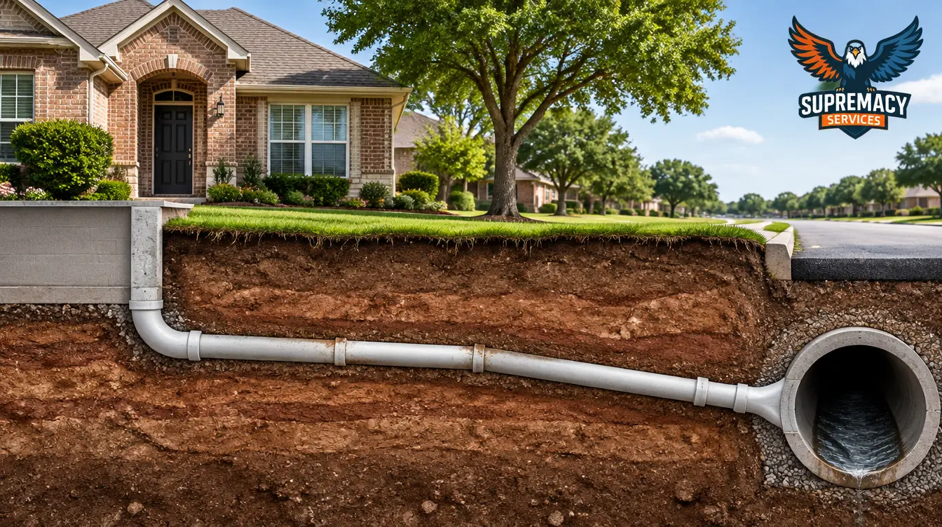 Underground residential sewer line beneath a Dallas, Texas home showing sewer pipe placement in North Texas soil.