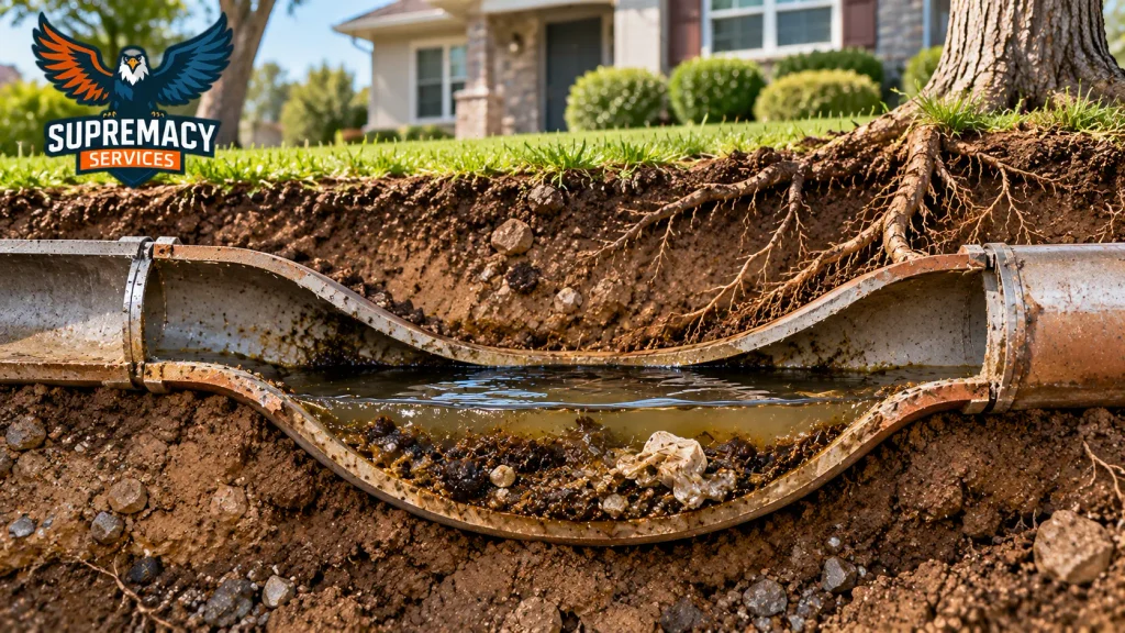 Sagging underground sewer pipe with standing wastewater and accumulated sediment in the low section.