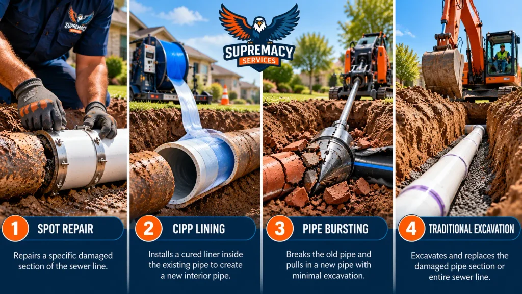 Four-panel infographic comparing sewer spot repair, cured-in-place pipe lining, pipe bursting, and traditional excavation.