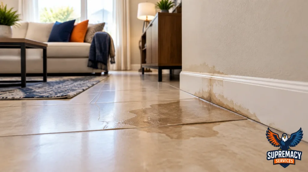 Damp tile flooring and moisture damage near a baseboard indicating a possible slab leak beneath a home's concrete foundation.