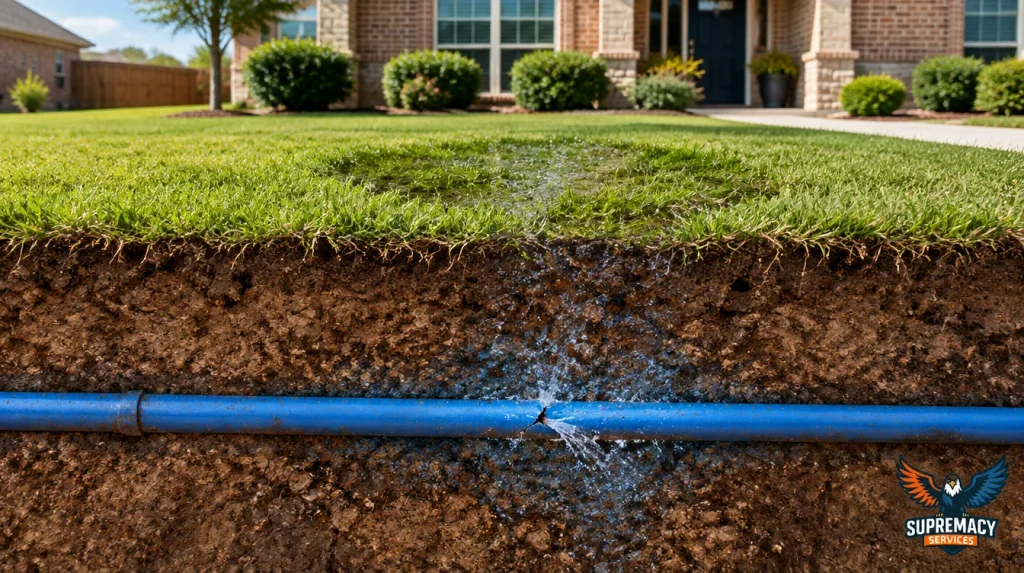 Leaking underground residential water pipe causing wet soil and a damp patch on a Dallas home's lawn.