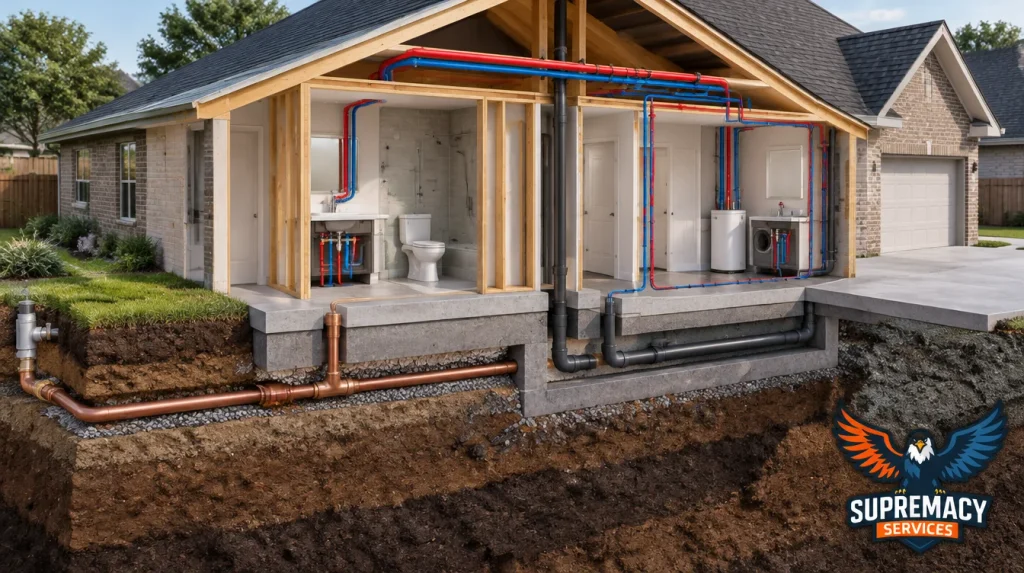 Cutaway of a Dallas home slab foundation showing underground copper water lines and alternative PEX pipe routing.