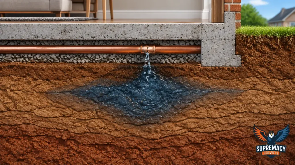 Cross-section of a Dallas concrete slab foundation showing an underground pipe leak and moisture spreading through clay soil.