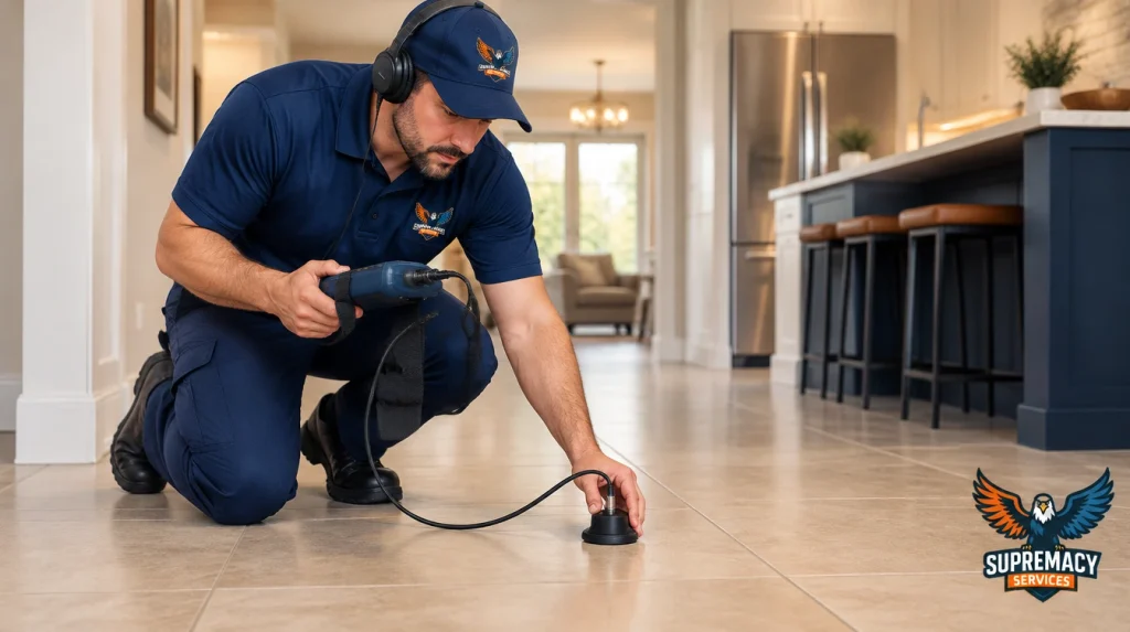 Professional plumber using acoustic leak detection equipment to locate a possible slab leak beneath a tiled floor.