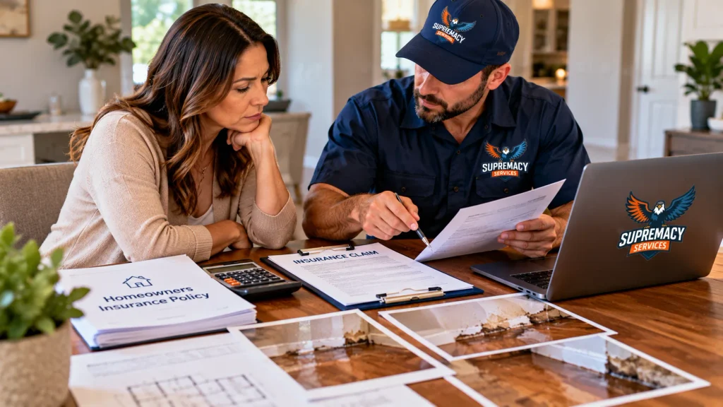 Dallas homeowner reviewing homeowners insurance documents and water damage photographs with a Supremacy Services representative.
