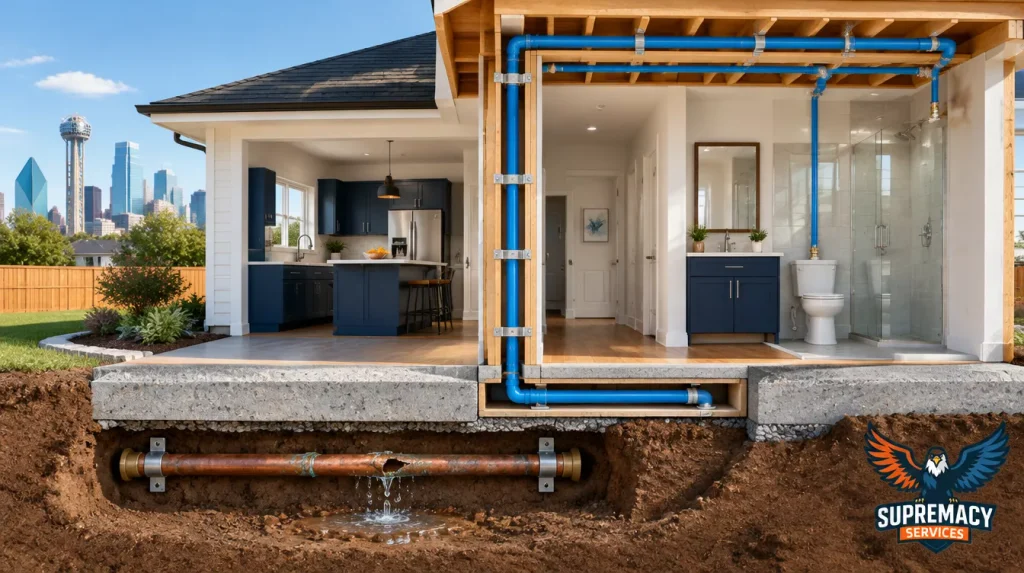 Cutaway diagram showing a replacement PEX water line rerouted through the walls and ceiling of a Dallas home to bypass a leaking under-slab pipe.
