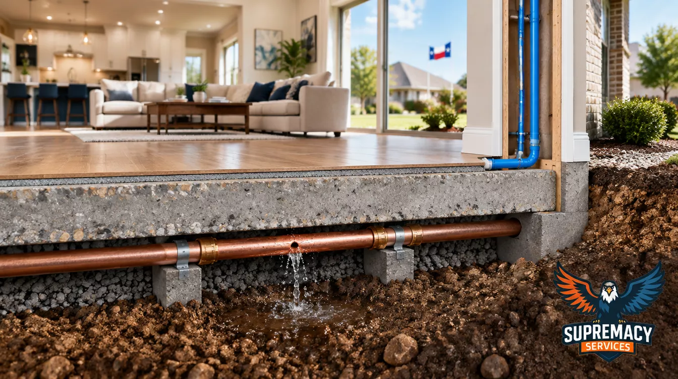 Cutaway illustration of a Dallas home showing a leaking water supply pipe beneath a concrete slab foundation and an alternative pipe rerouting path.