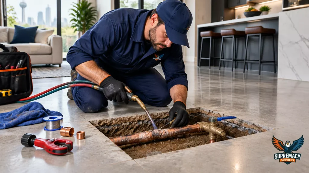 Professional plumber repairing a damaged copper water supply pipe through a small opening in the concrete slab floor of a Dallas home.