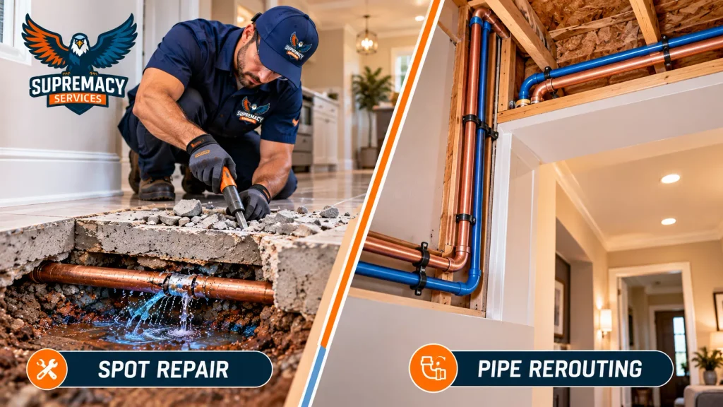 Comparison showing a plumber accessing a leaking pipe beneath concrete for spot repair and replacement water pipes rerouted through wall framing.