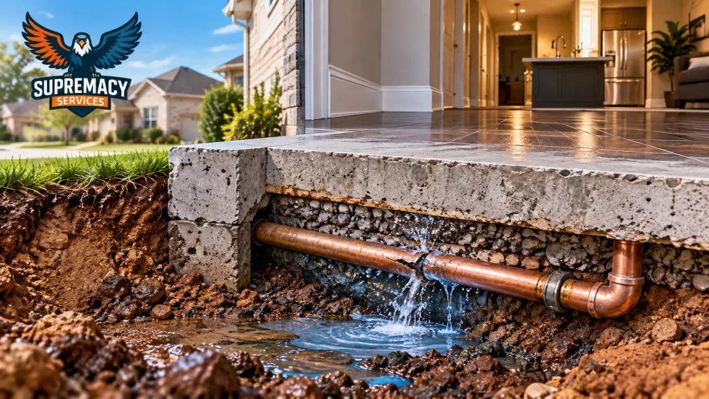 Cross-sectional illustration of a leaking copper water pipe beneath a concrete slab foundation, with water escaping into surrounding soil.