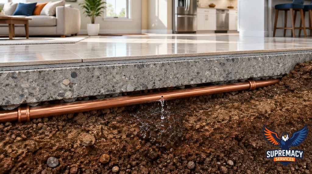 Cross-section illustration showing water escaping from a damaged underground copper pipe beneath a residential concrete slab foundation.