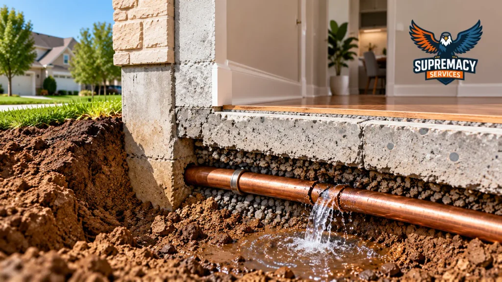 Cutaway illustration showing a damaged copper water pipe leaking beneath a concrete slab foundation.
