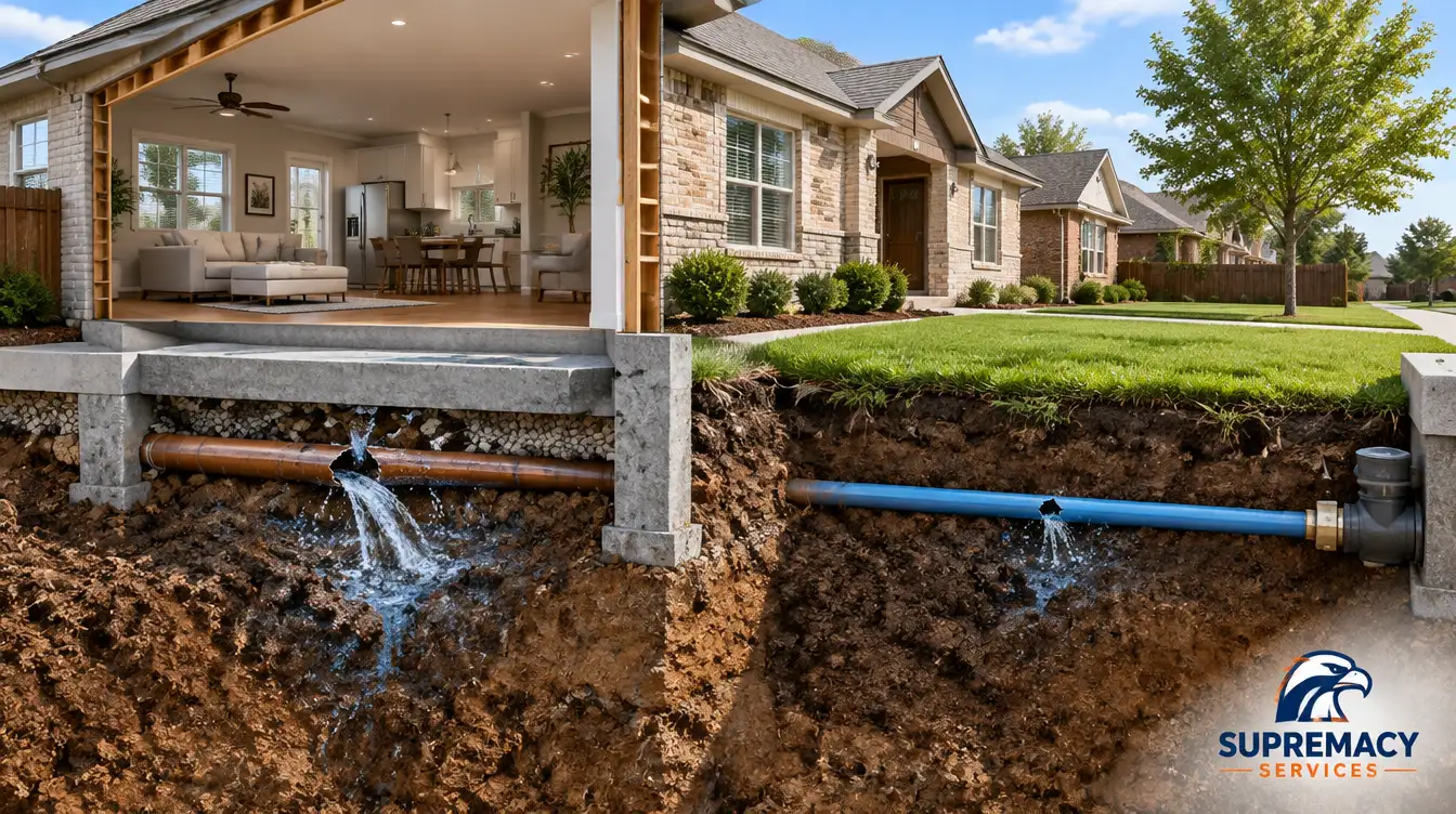 Cutaway illustration showing a slab leak beneath a home's concrete foundation and an underground water line leak in the yard.