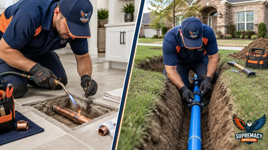 Side-by-side comparison of a plumber repairing a pipe beneath a concrete floor and another repairing an underground water supply line in an excavated yard.