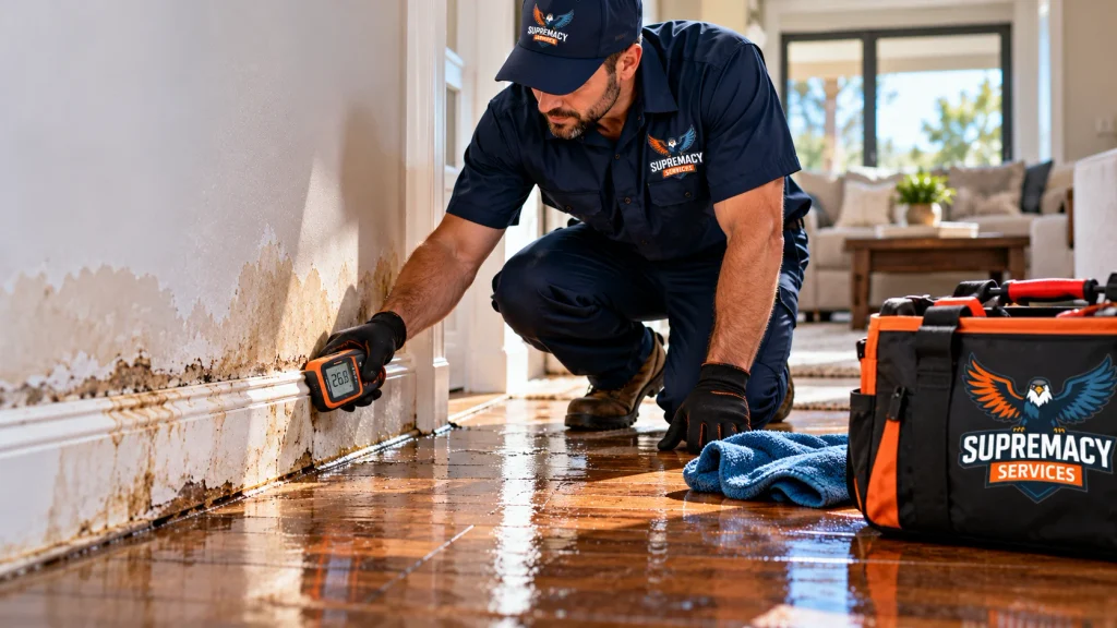 Supremacy Services technician measuring moisture near water-damaged flooring and baseboards inside a Dallas home.