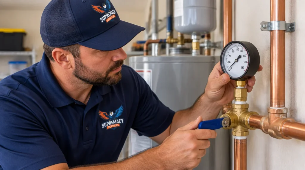 Professional plumber monitoring a pressure gauge connected to a residential water supply line while investigating a suspected hidden plumbing leak.