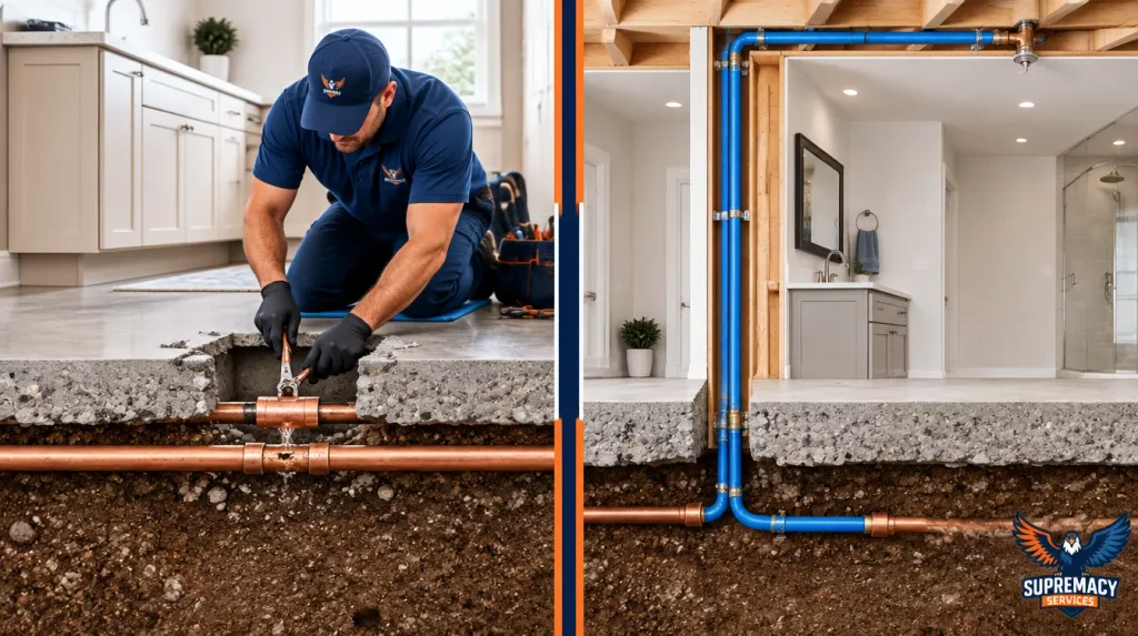 Side-by-side illustration comparing localized copper pipe spot repair beneath a concrete slab with PEX water line rerouting through a Dallas home.