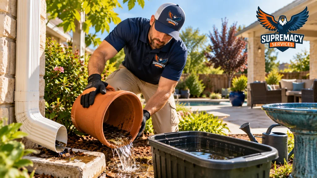 Homeowner emptying standing water from backyard containers after rain