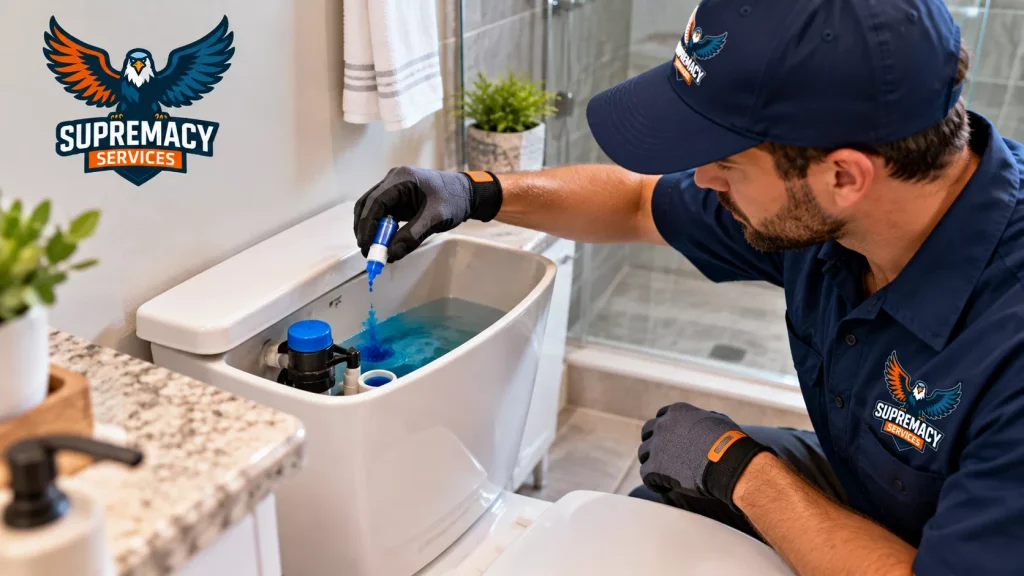Supremacy Services technician adding blue dye to a toilet tank to check for a silent water leak.