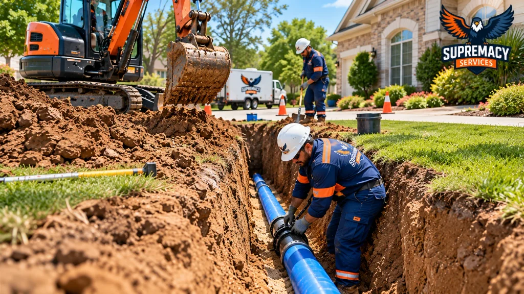 Plumbing technician installing a blue underground water supply pipe inside an excavated trench at a residential property.