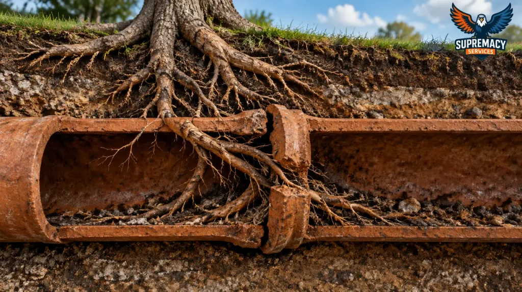 Tree roots penetrating a damaged clay sewer pipe joint underground and restricting wastewater flow in a North Texas home.