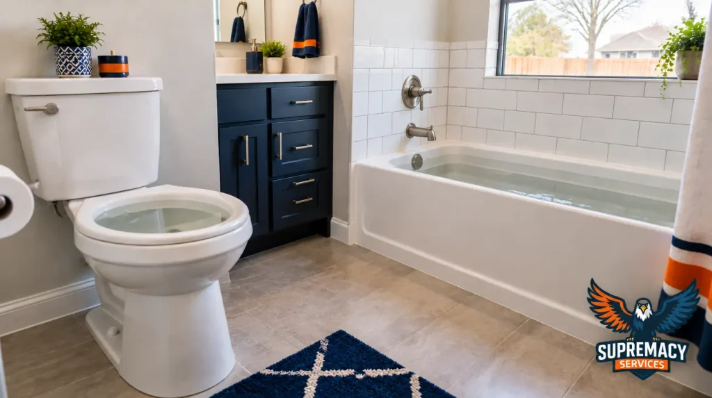 Dallas home bathroom showing a slow-draining bathtub and high toilet water level that may indicate a sewer blockage.