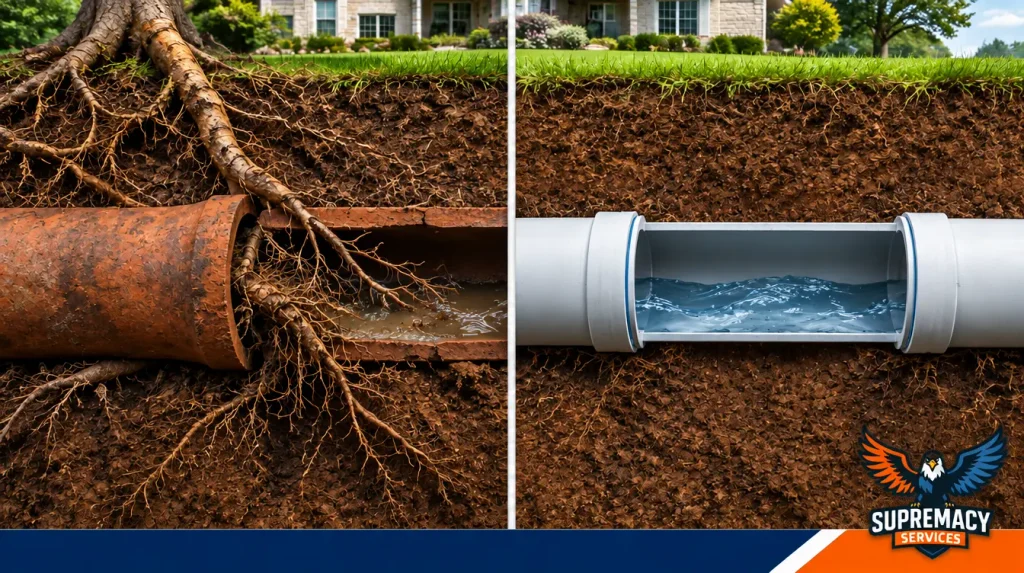 Underground comparison of a sewer pipe damaged by tree roots and a repaired PVC sewer pipe with sealed joints.