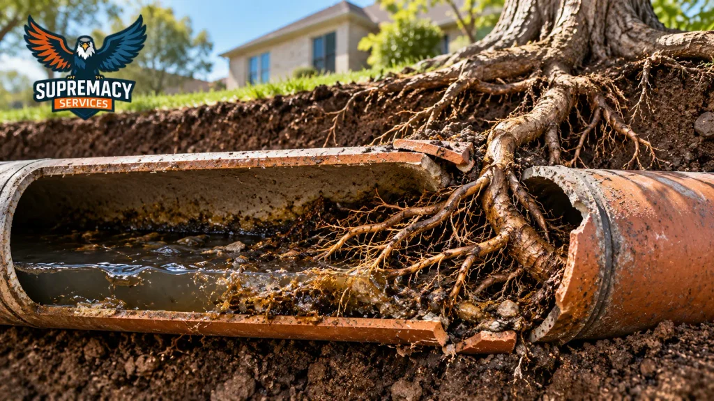 Tree roots penetrating a cracked underground sewer pipe and restricting wastewater flow.