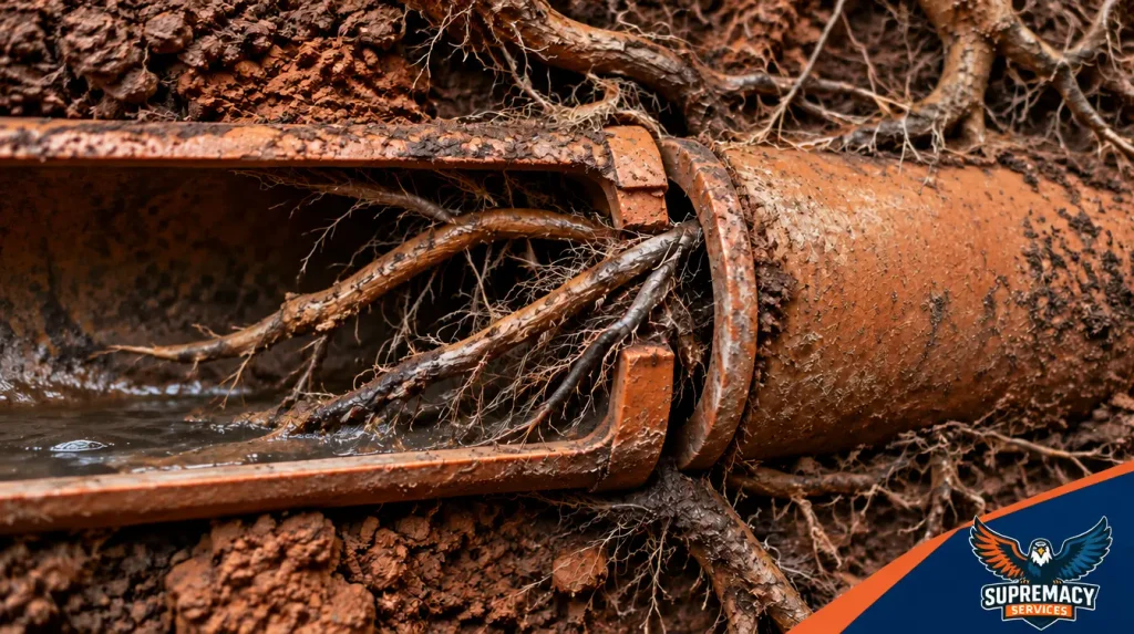 Tree roots penetrating a separated clay sewer pipe joint in underground North Texas soil.