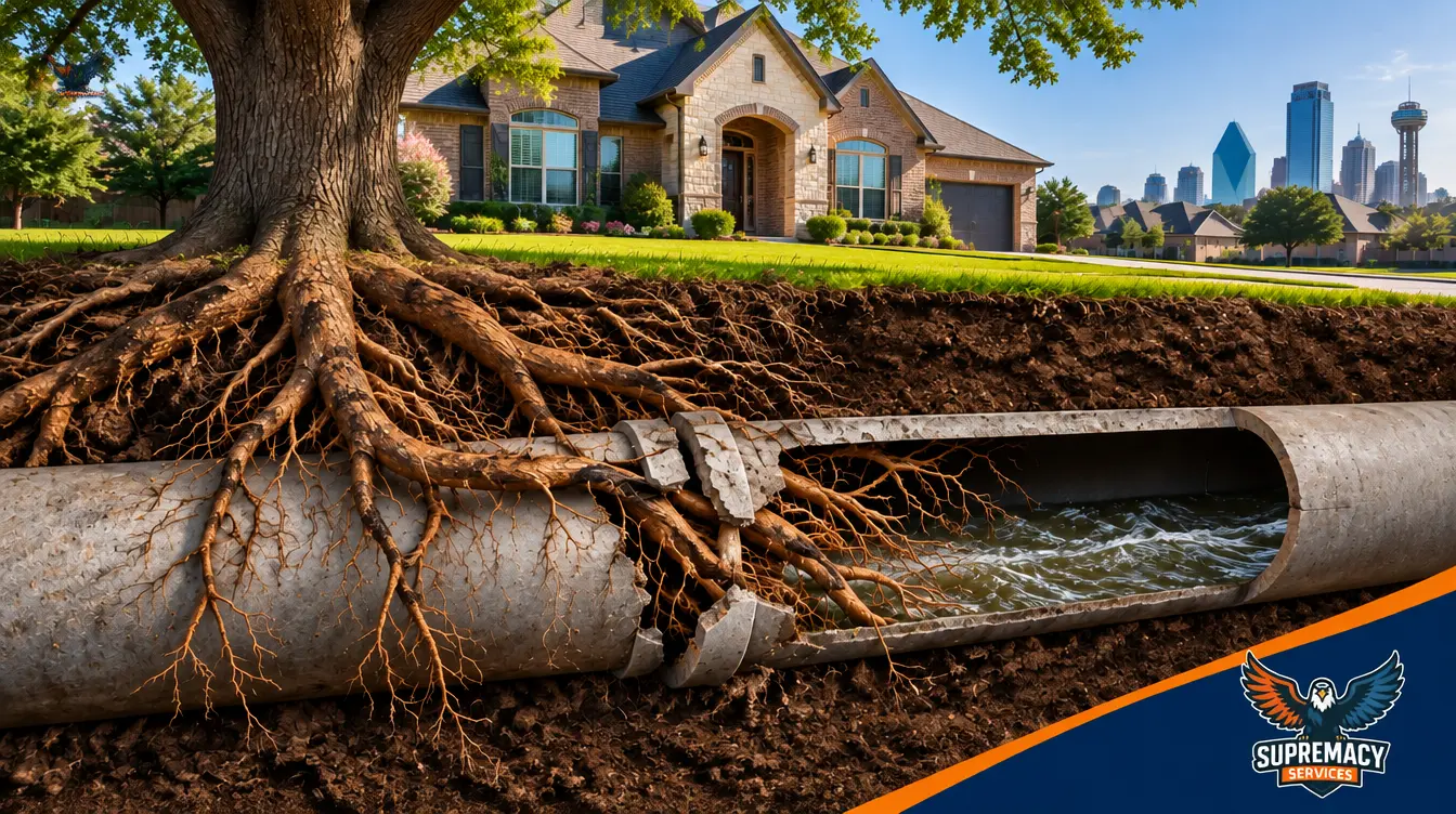 Tree roots entering a damaged underground sewer pipe beneath a Dallas home.